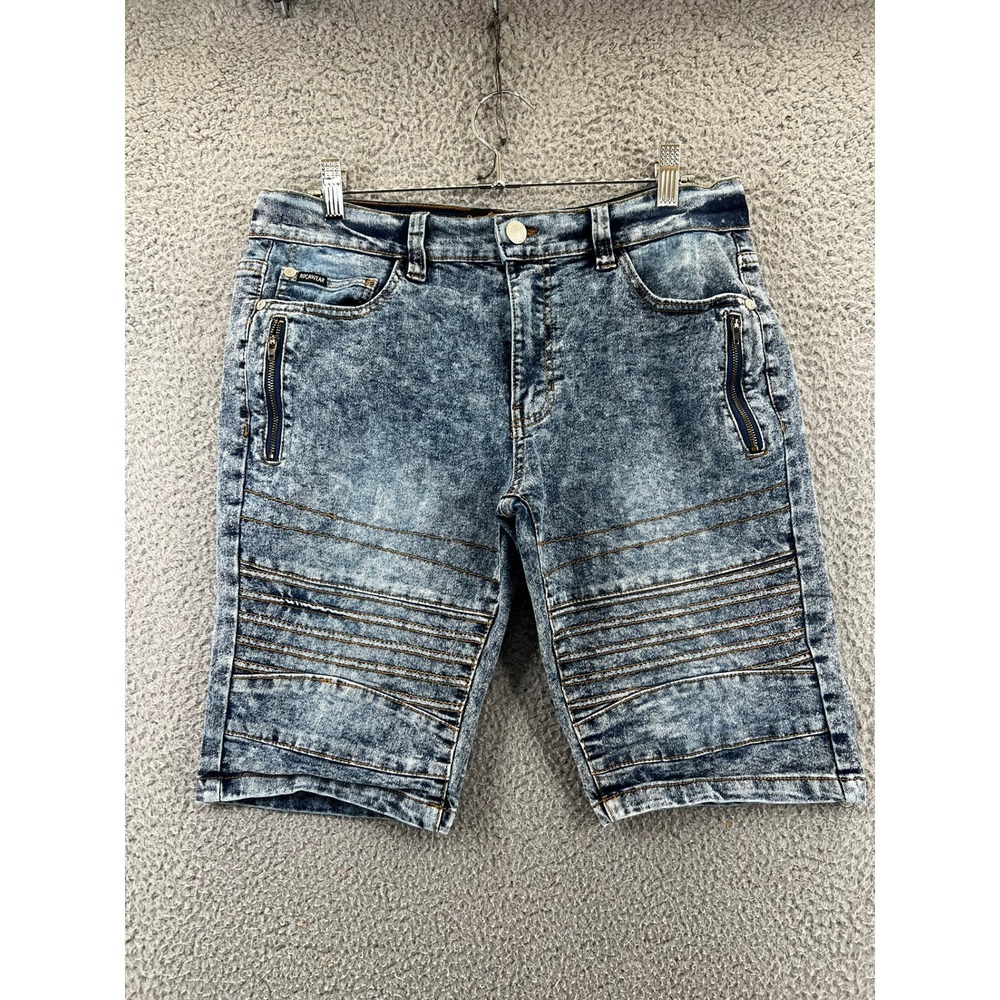 Rocawear Mens Moto Denim Shorts Blue Acid Wash Biker Distressed 30 W (32x10 Act)